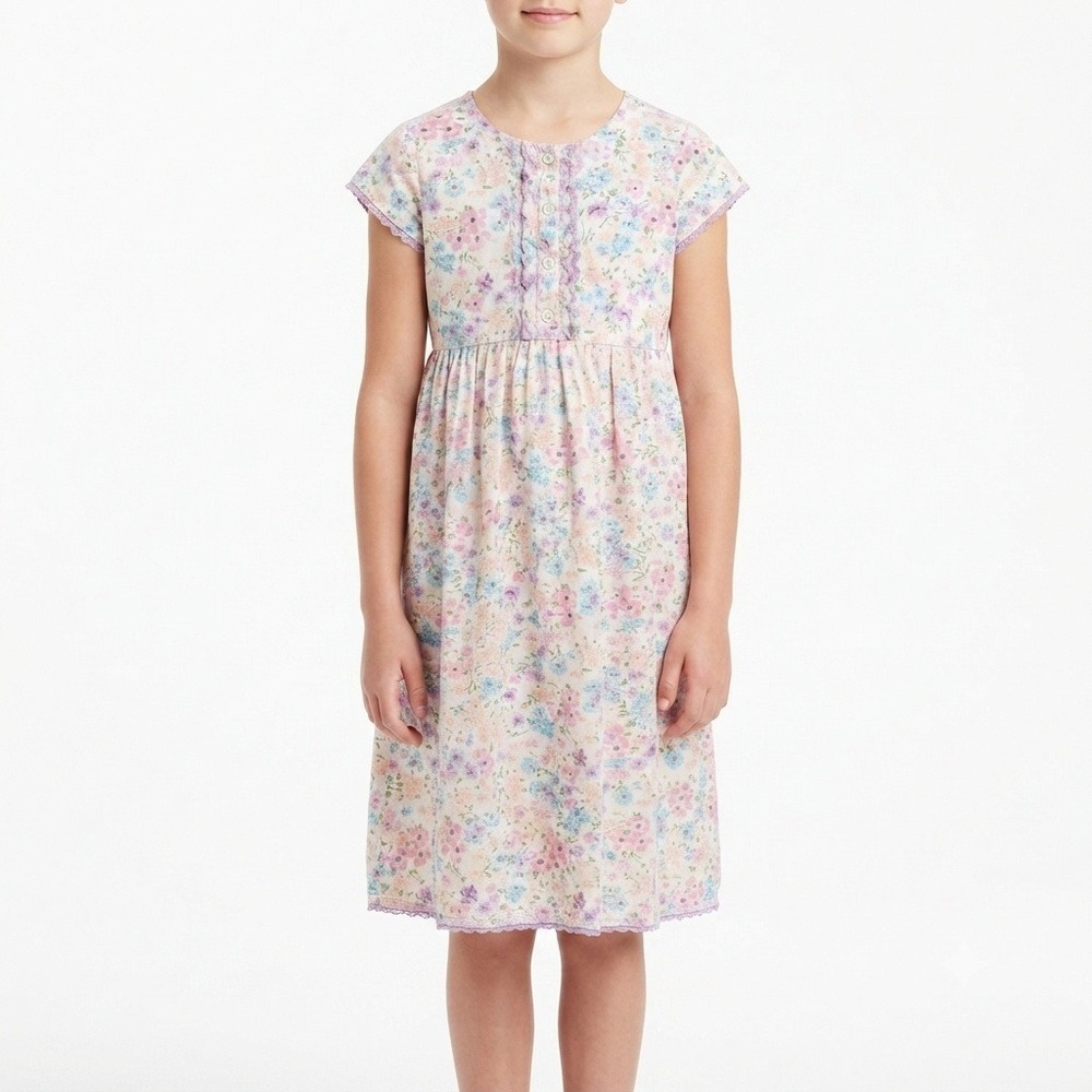 Hanna Andersson Girls Floral Nightgown Size 150 Pastel Cotton Sleep Dress Ruffle